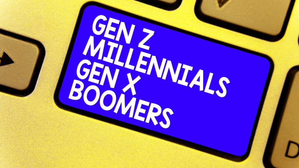Infografica con confronto tra Baby Boomer, Gen X, Millennials e Gen Z sulle caratteristiche nel lavoro: comunicazione, valori, feedback, tecnologia.